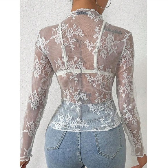White Lace Sheer Floral Long Sleeve Top Shirt - Picture 3 of 8